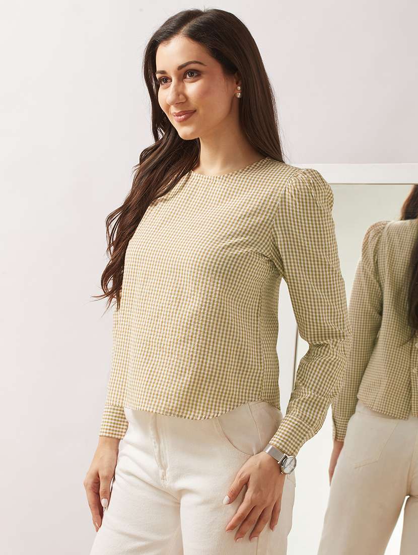 globus women neo mint checkered back button detailing cuffed sleeves curved hem shirt style top - 21943210 -  Standard Image - 1