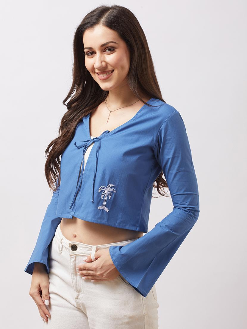 globus women blue tie-up v-neck bell sleeves embroidered detail front open crop top - 21943211 -  Standard Image - 1