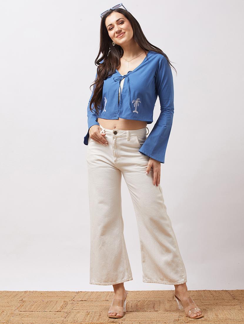 globus women blue tie-up v-neck bell sleeves embroidered detail front open crop top - 21943211 - Standard Image - 4