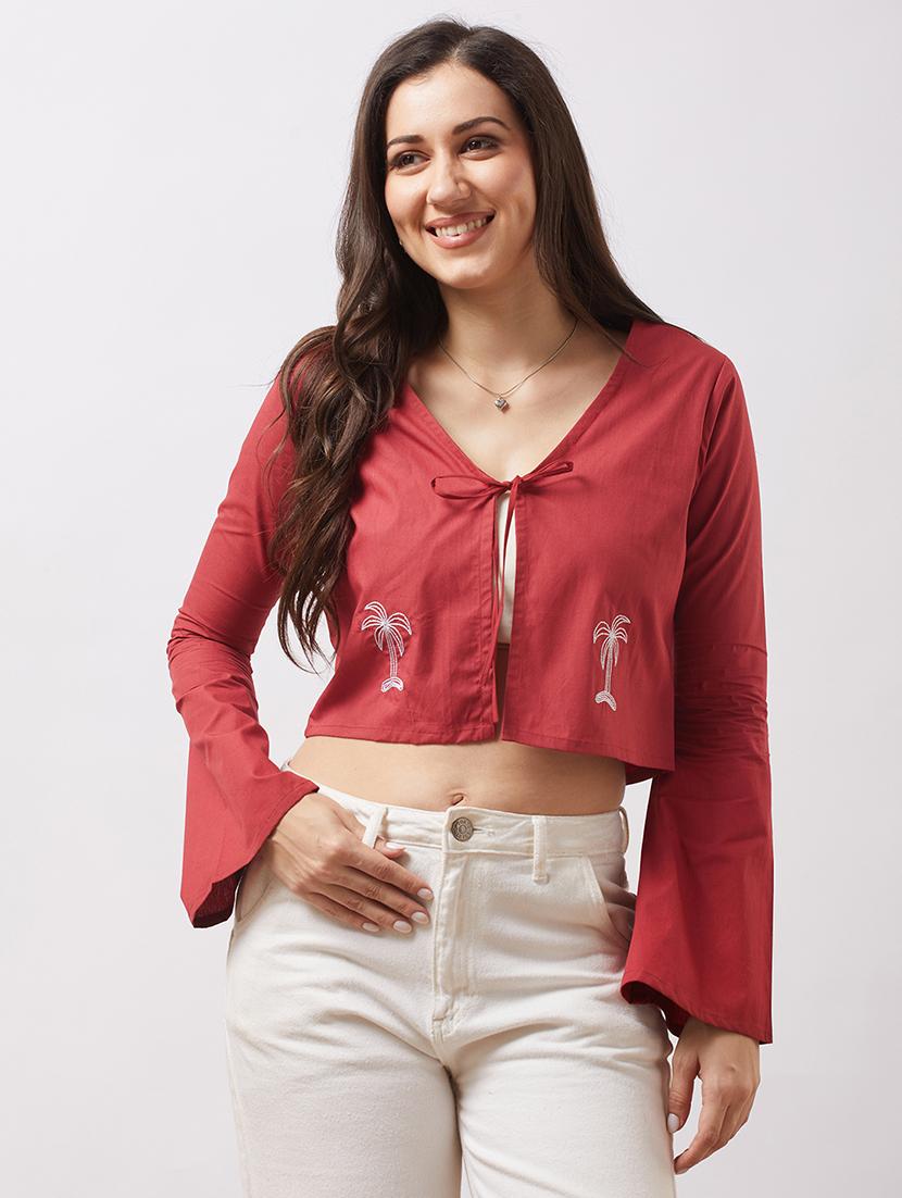 globus women red tie-up v-neck bell sleeves embroidered detail front open crop top - 21943212 - Zoom Image - 0