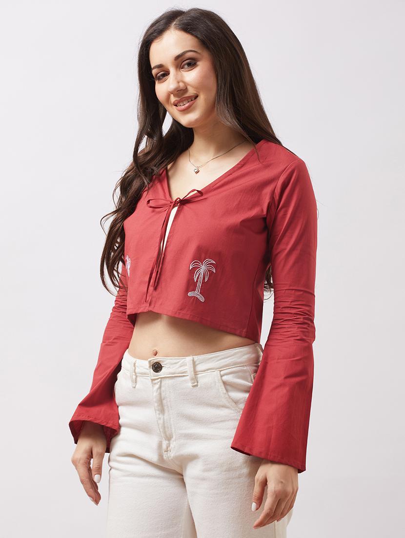 globus women red tie-up v-neck bell sleeves embroidered detail front open crop top - 21943212 - Standard Image - 1