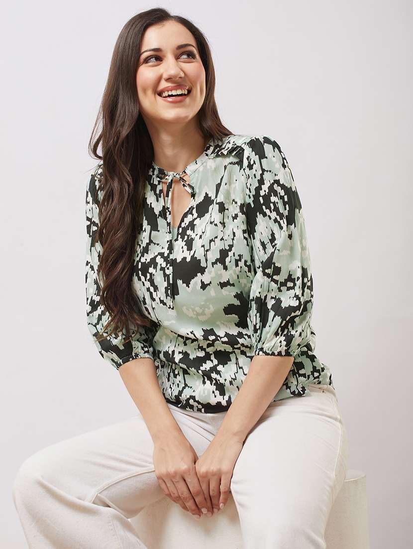 globus women black tie-up v-neck bishop sleeves abstract print top