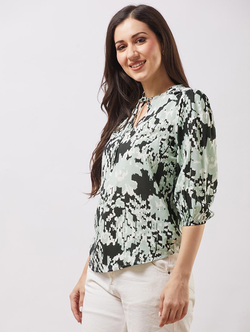 globus women black tie-up v-neck bishop sleeves abstract print top - 21943213 - Standard Image - 1