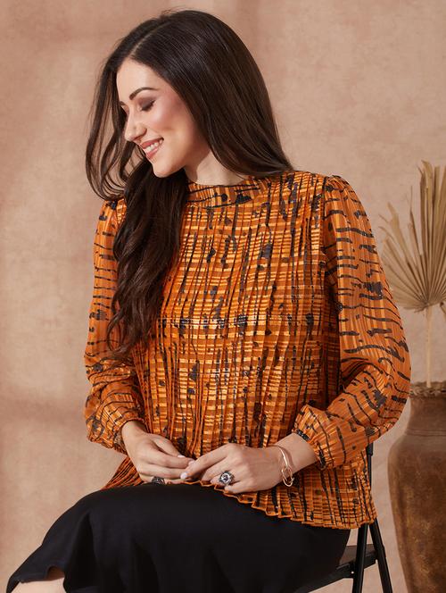 globus women rust satin abstract print crew neck bishop sleeves accordion pleat top - 21943214 -  Standard Image - 0