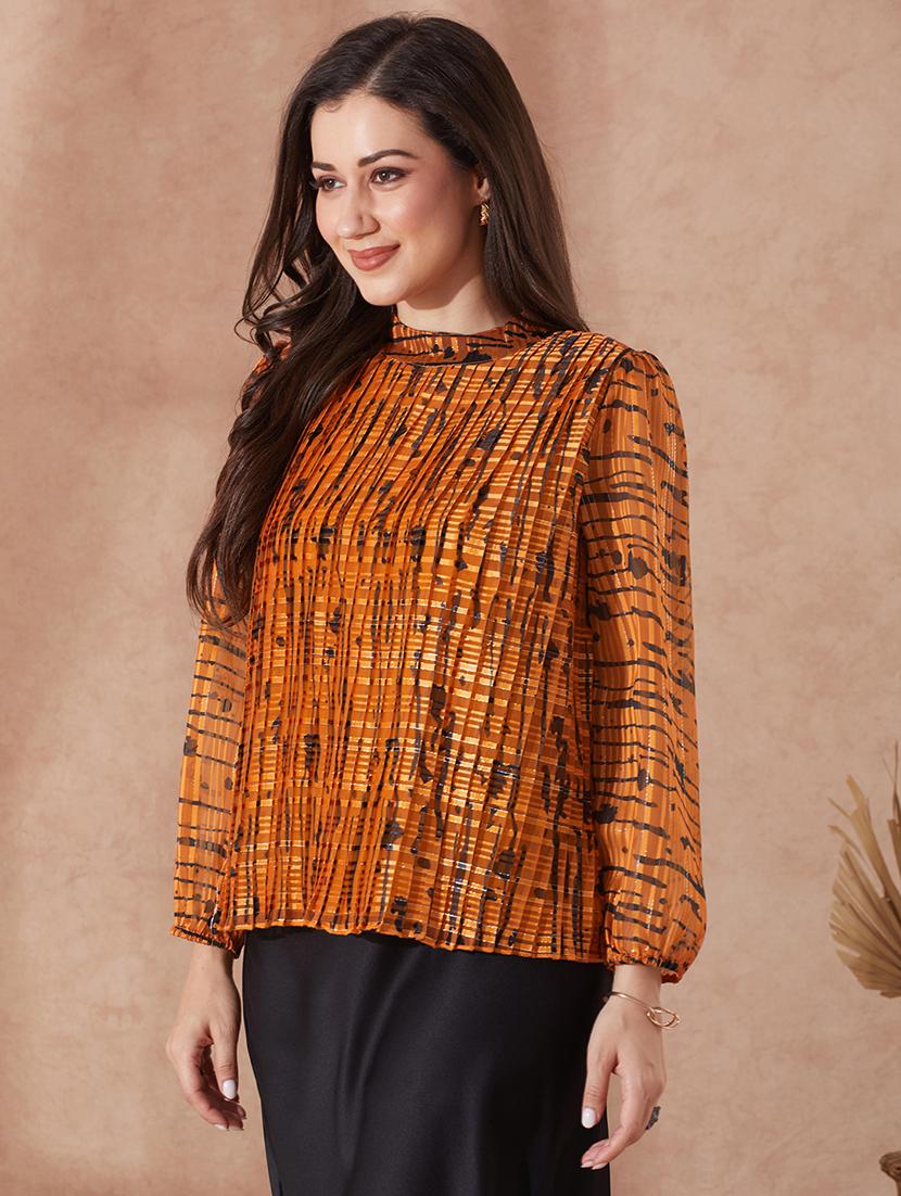 globus women rust satin abstract print crew neck bishop sleeves accordion pleat top - 21943214 -  Standard Image - 1