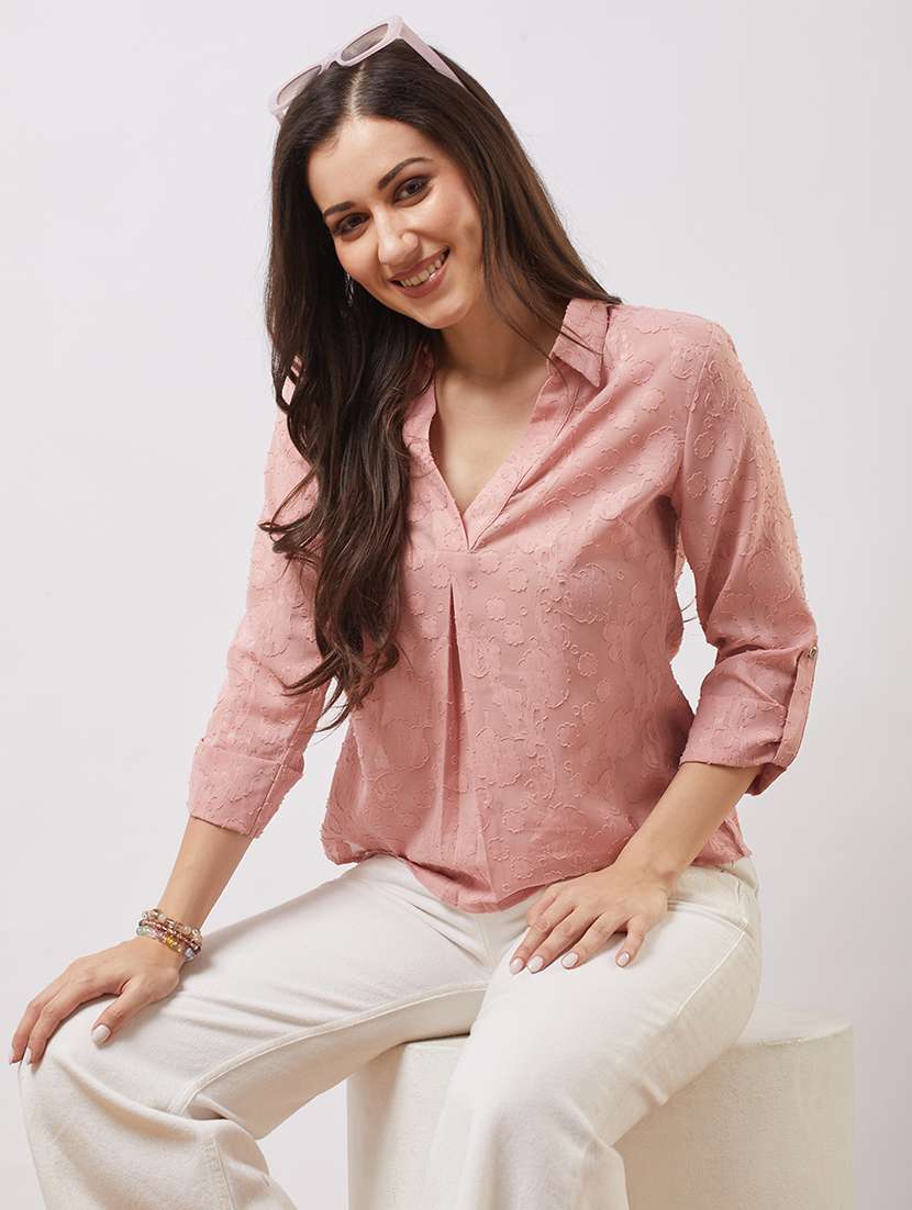 globus women pink collared v-neck roll-up sleeves floral self design shirt style top