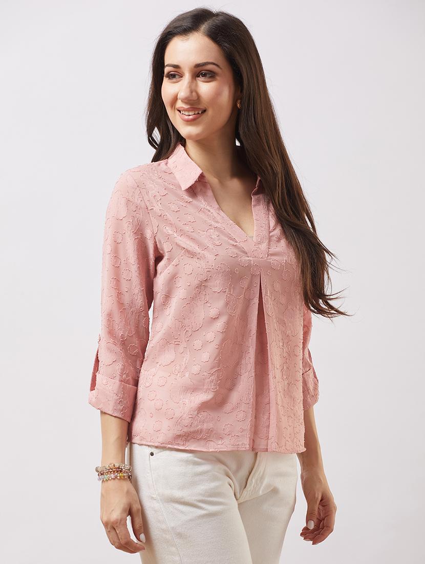 globus women pink collared v-neck roll-up sleeves floral self design shirt style top - 21943215 - Standard Image - 1