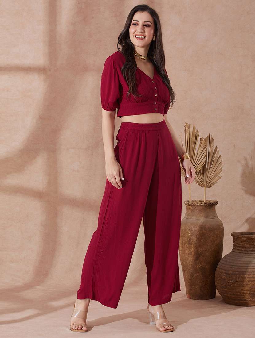 globus women pink v-neck solid button detail crop top with wide leg trousers co-ord set - 21943216 -  Standard Image - 1