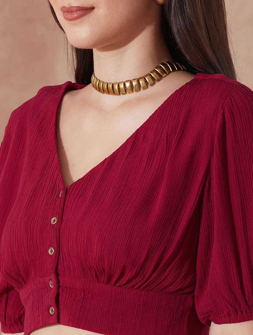 globus women pink v-neck solid button detail crop top with wide leg trousers co-ord set - 21943216 -  Standard Image - 4