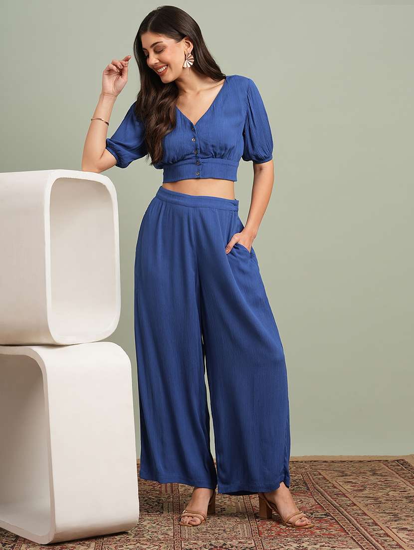 globus women blue v-neck solid button detail crop top with wide leg trousers co-ord set