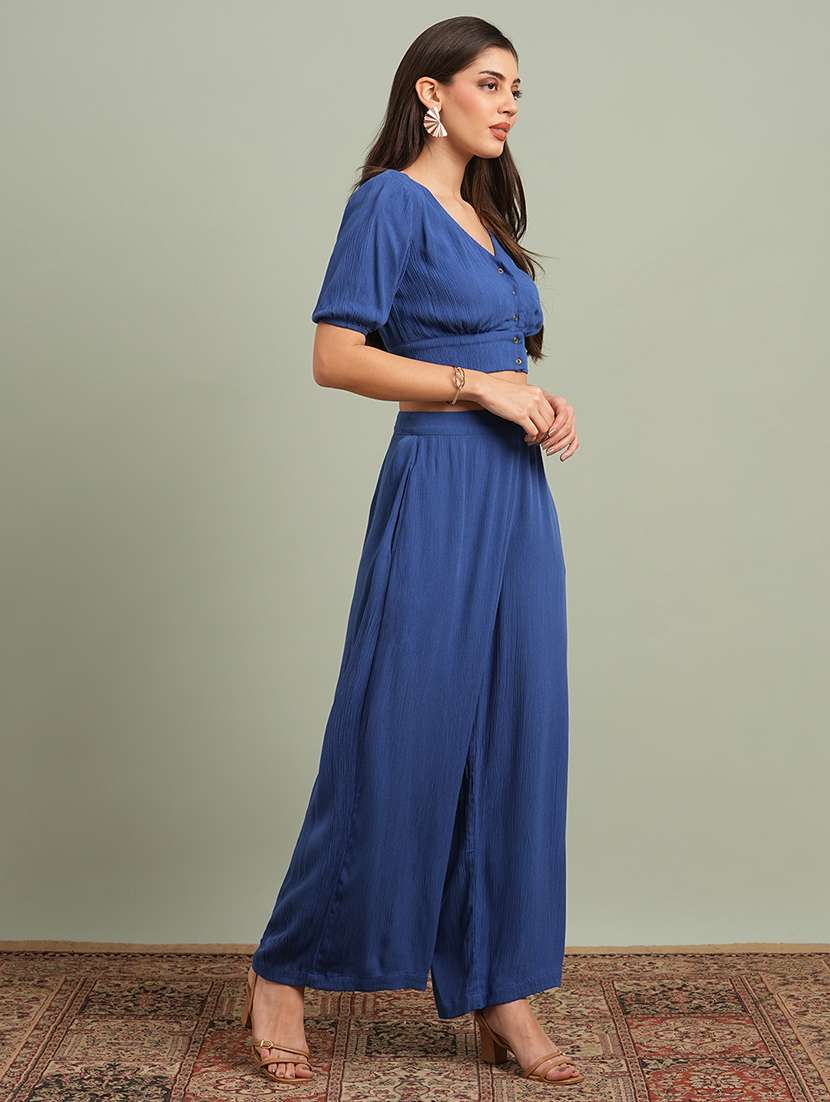 globus women blue v-neck solid button detail crop top with wide leg trousers co-ord set - 21943218 -  Standard Image - 1