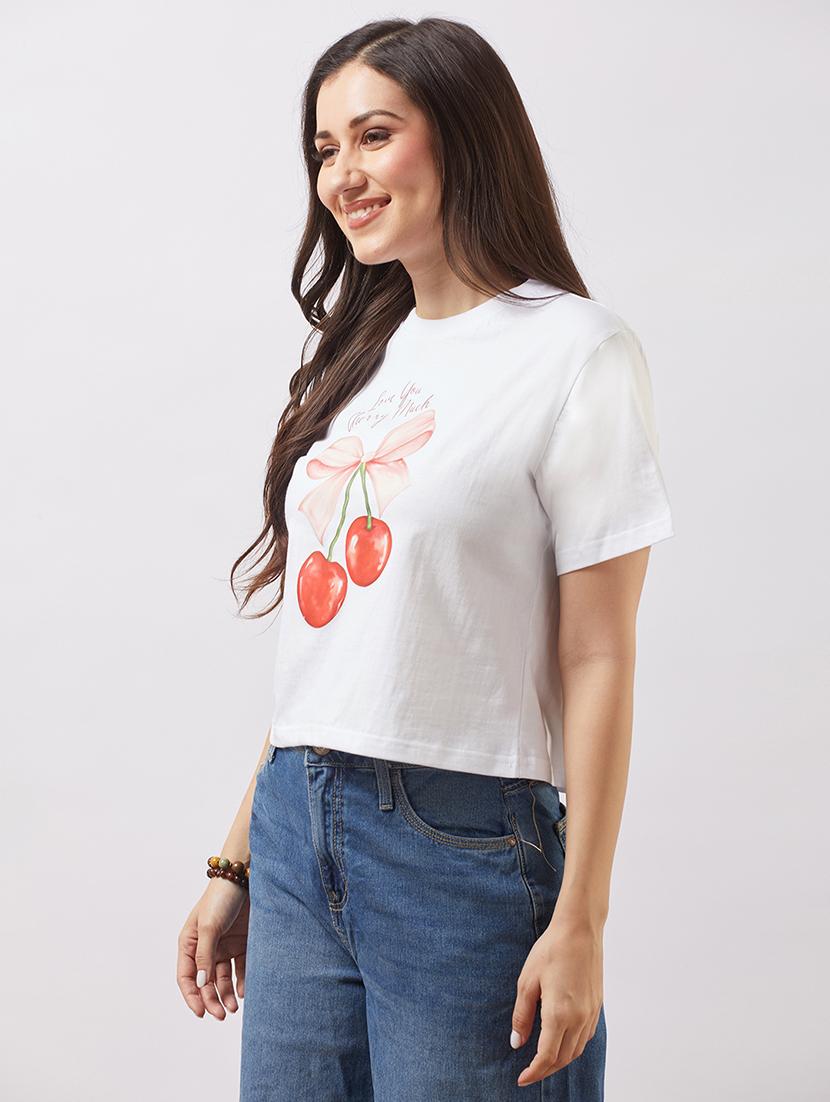 globus women white round neck short sleeves cherry print boxy t-shirt - 21943223 -  Standard Image - 1