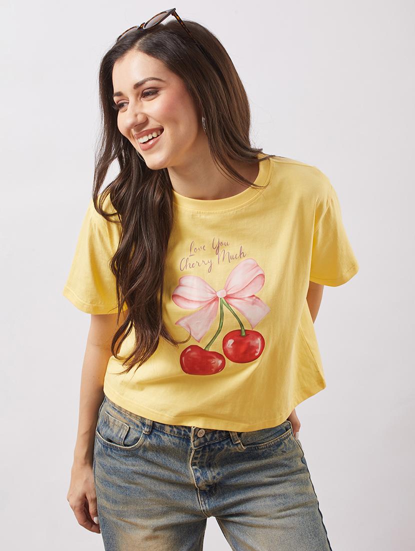 globus women yellow round neck short sleeves cherry print boxy t-shirt - 21943224 -  Zoom Image - 0