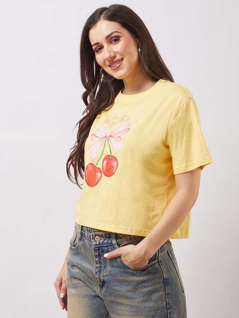 globus women yellow round neck short sleeves cherry print boxy t-shirt - 21943224 -  Standard Image - 1