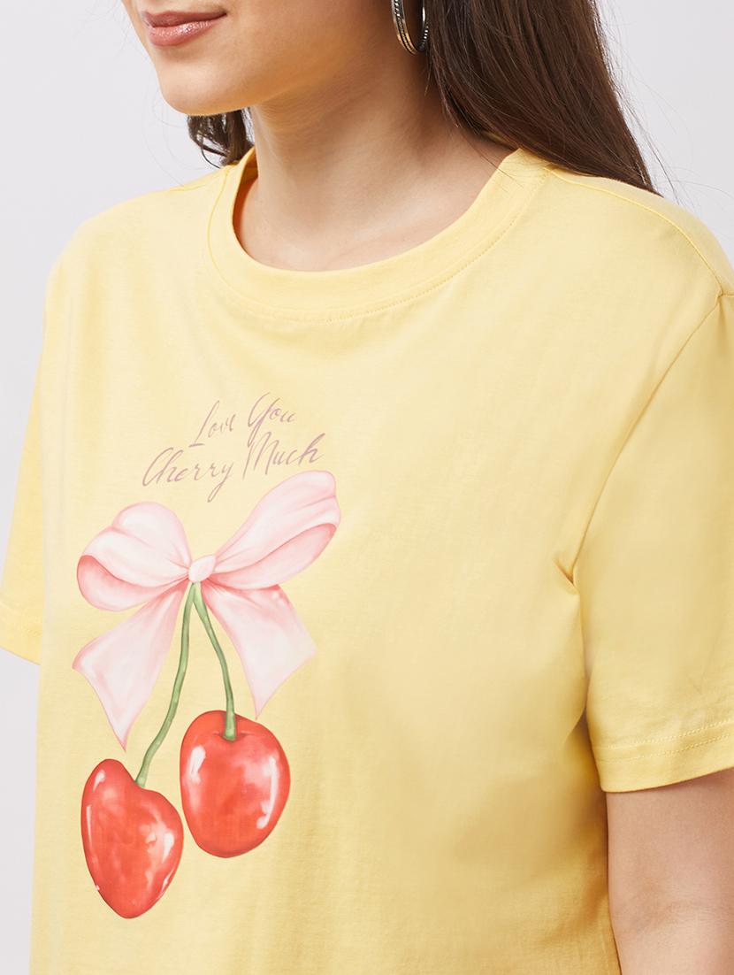 globus women yellow round neck short sleeves cherry print boxy t-shirt - 21943224 - Standard Image - 4