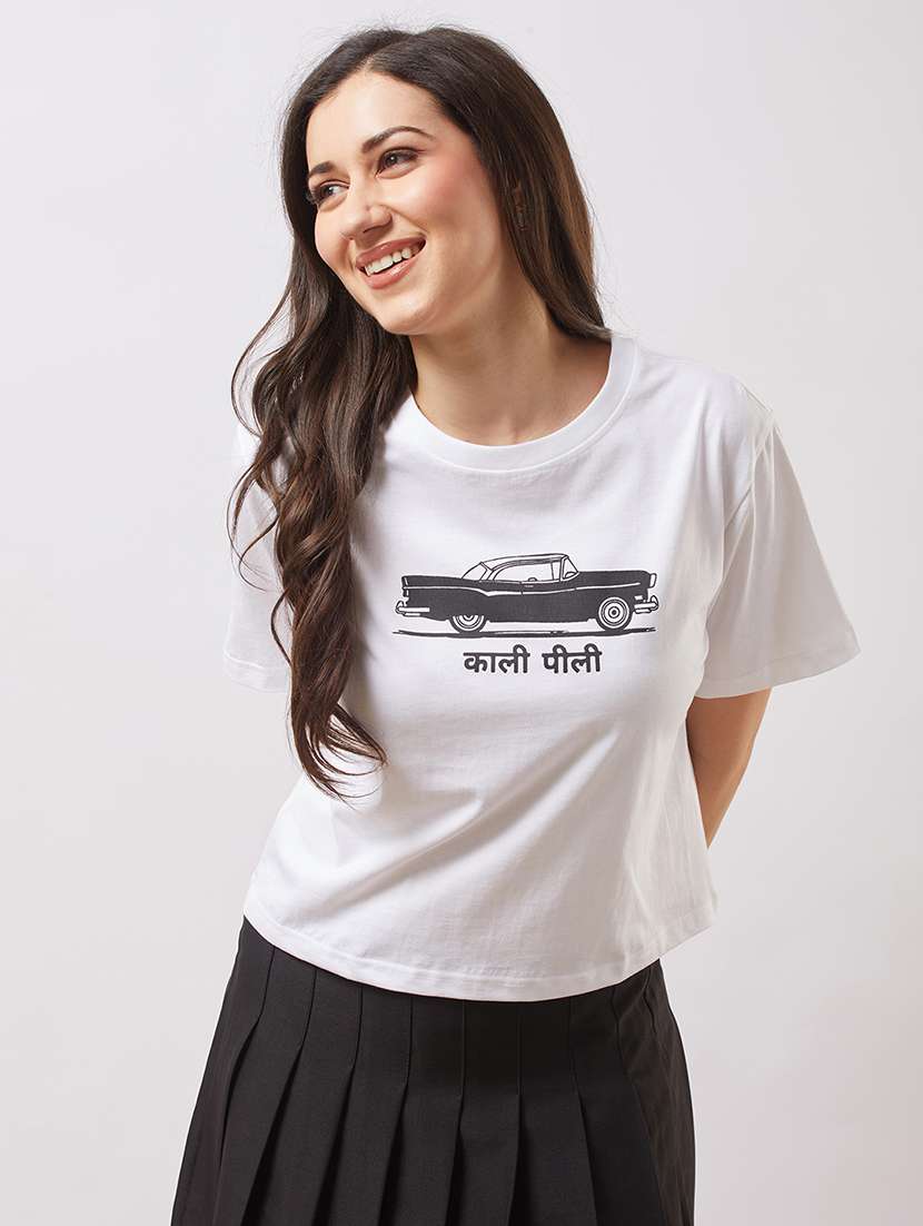 globus women white round neck short sleeves graphic print boxy t-shirt