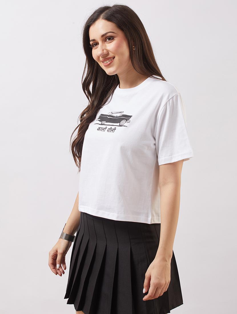 globus women white round neck short sleeves graphic print boxy t-shirt - 21943225 -  Standard Image - 1