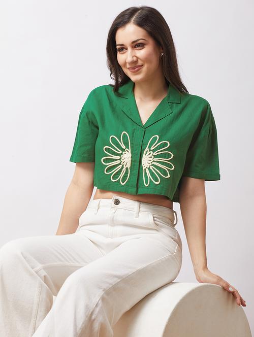 globus women green notch lapel drop shoulder sleeves embriodered detail boxy fit crop shirt - 21943262 - Standard Image - 0