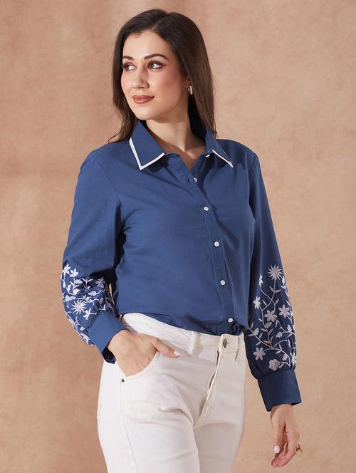 globus women blue collared neck floral embriodered cuff sleeves curved hem shirt - 21943263 - Standard Image - 0