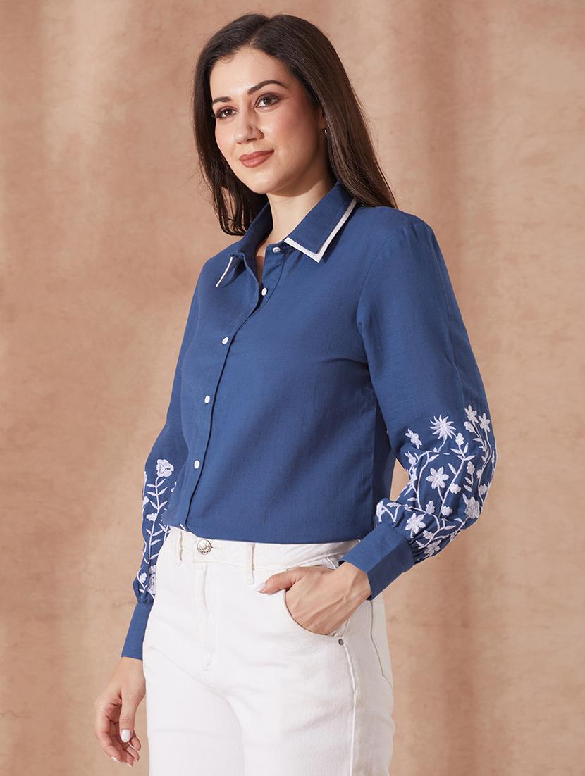 globus women blue collared neck floral embriodered cuff sleeves curved hem shirt - 21943263 -  Standard Image - 1