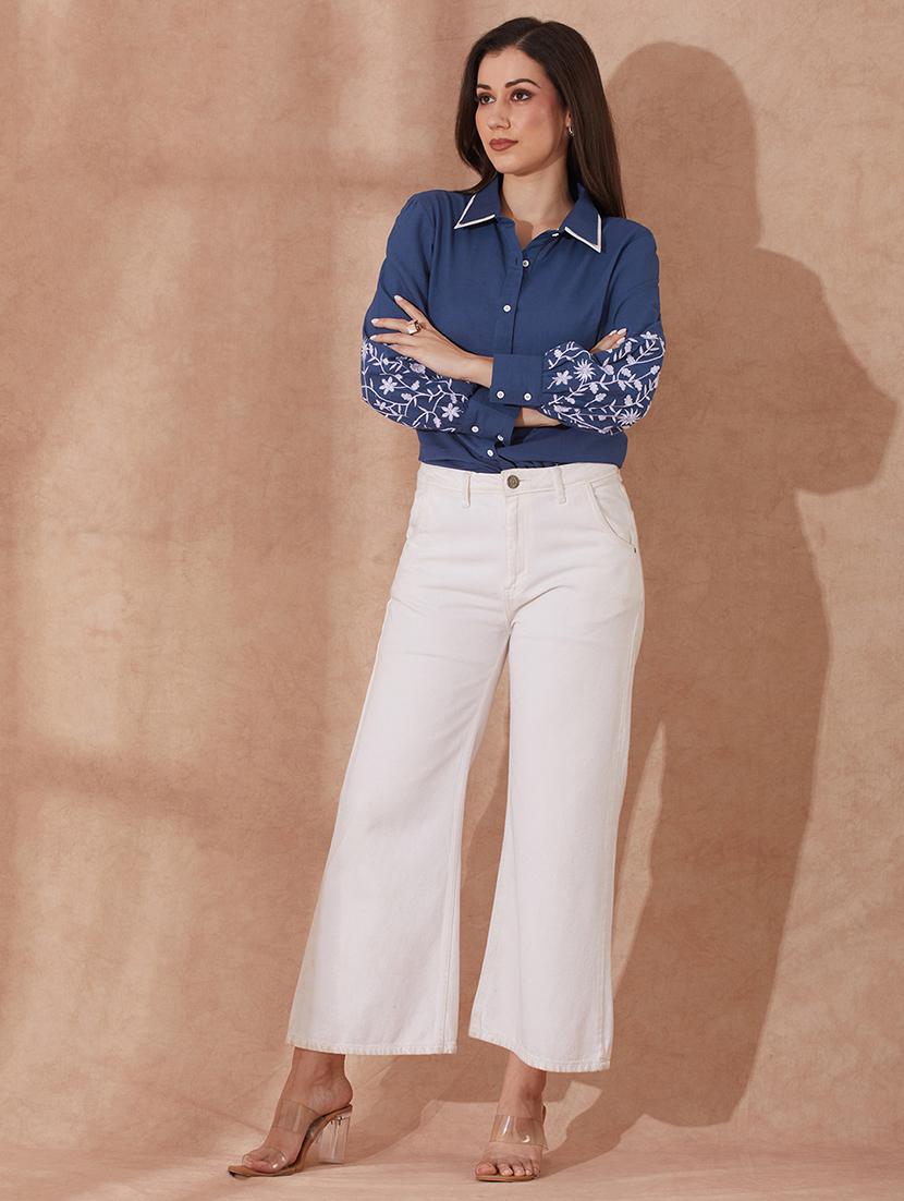 globus women blue collared neck floral embriodered cuff sleeves curved hem shirt - 21943263 - Standard Image - 4
