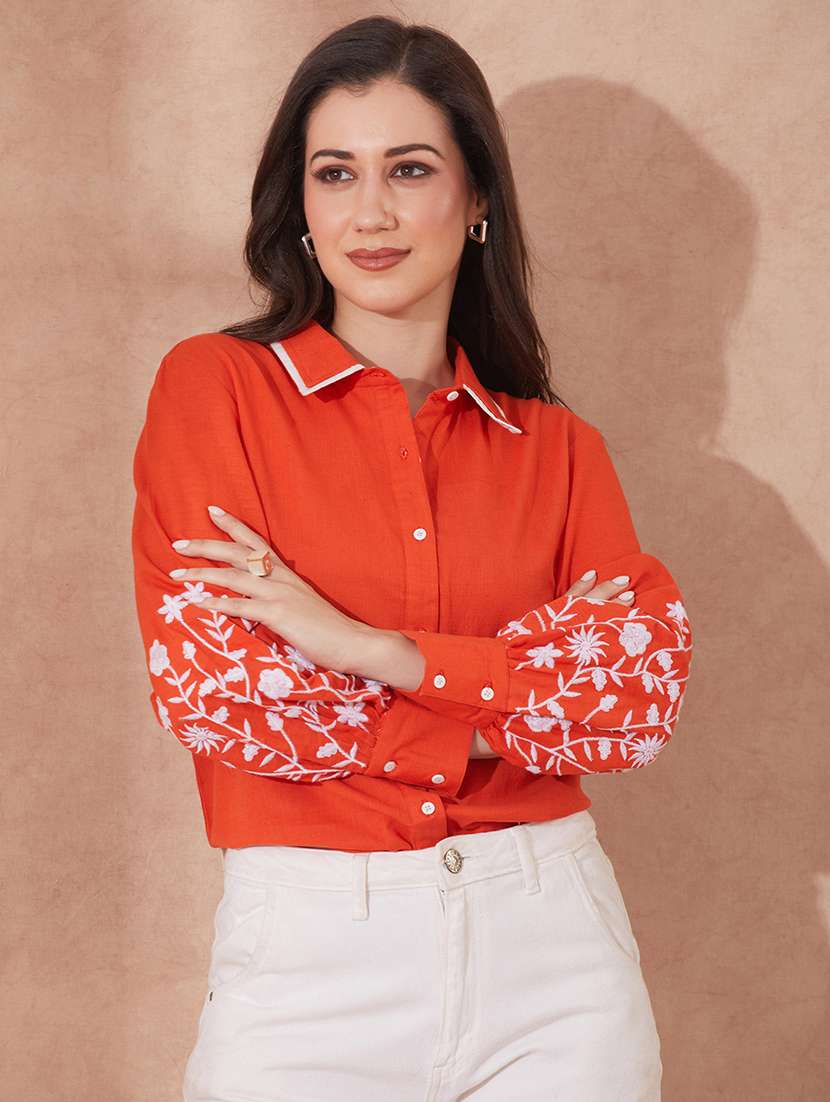 globus women rust collared neck floral embriodered cuff sleeves curved hem shirt