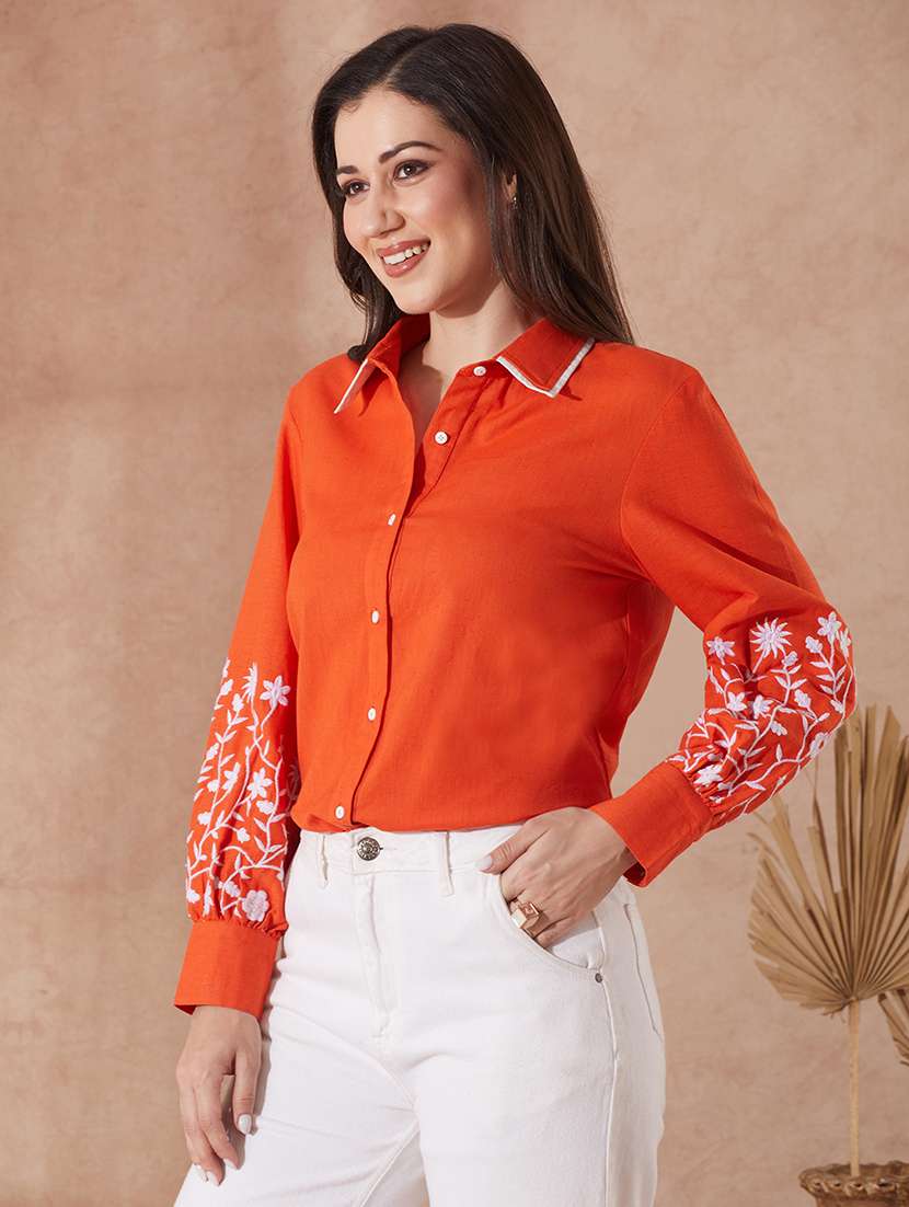 globus women rust collared neck floral embriodered cuff sleeves curved hem shirt - 21943264 -  Standard Image - 1