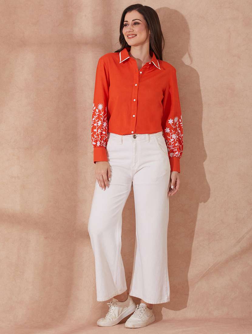 globus women rust collared neck floral embriodered cuff sleeves curved hem shirt - 21943264 -  Standard Image - 4