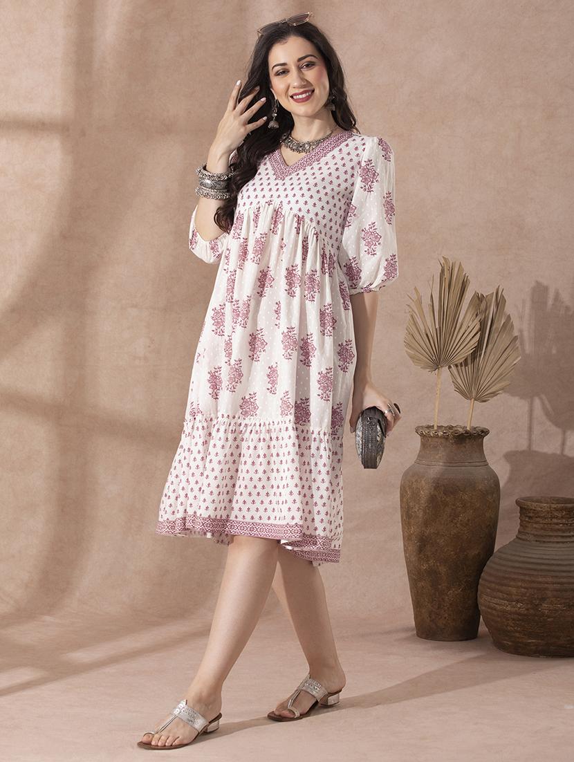 women pink puff sleeve tiered ethnic dress - 21943265 -  Standard Image - 1