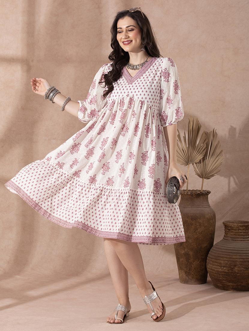 women pink puff sleeve tiered ethnic dress - 21943265 - Standard Image - 4