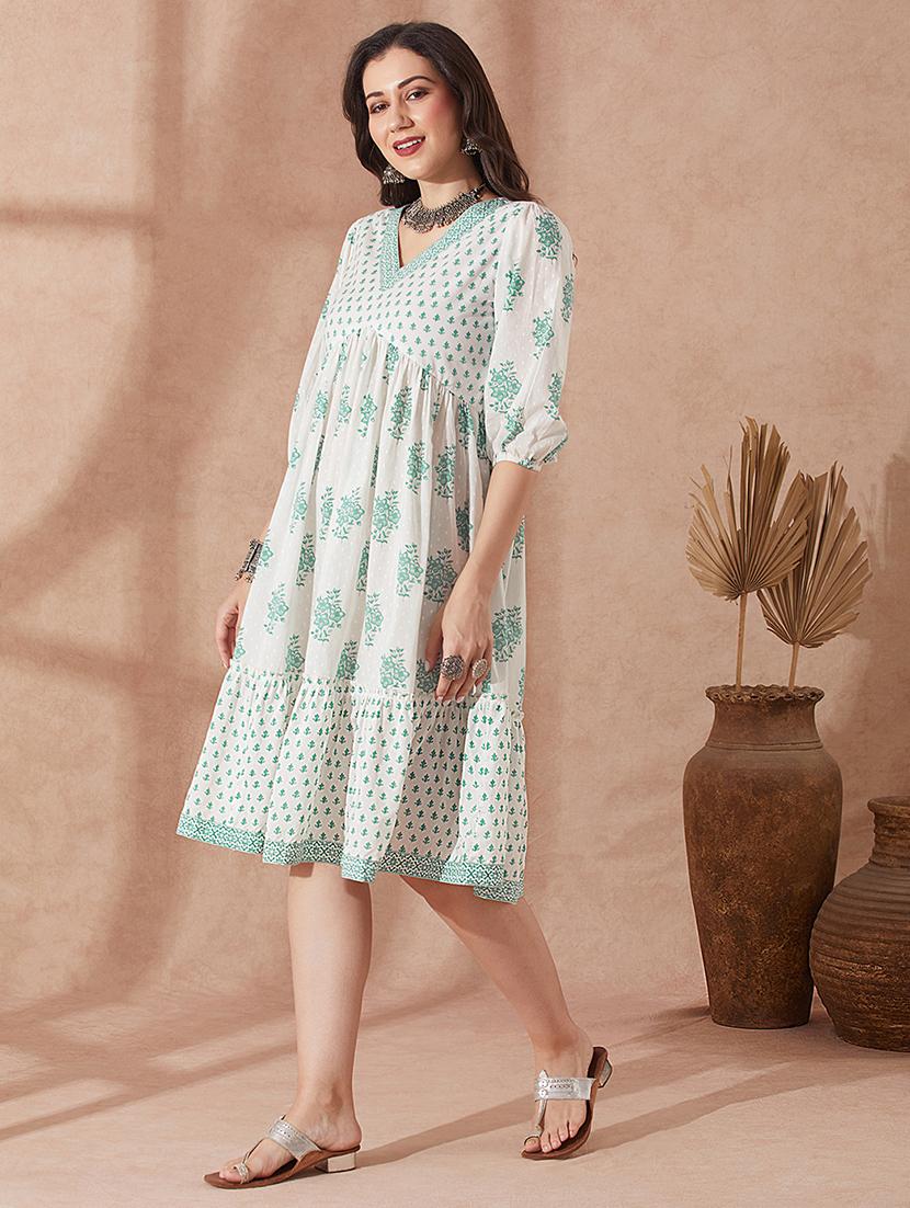 women green puff sleeve tiered ethnic dress - 21943266 -  Standard Image - 1