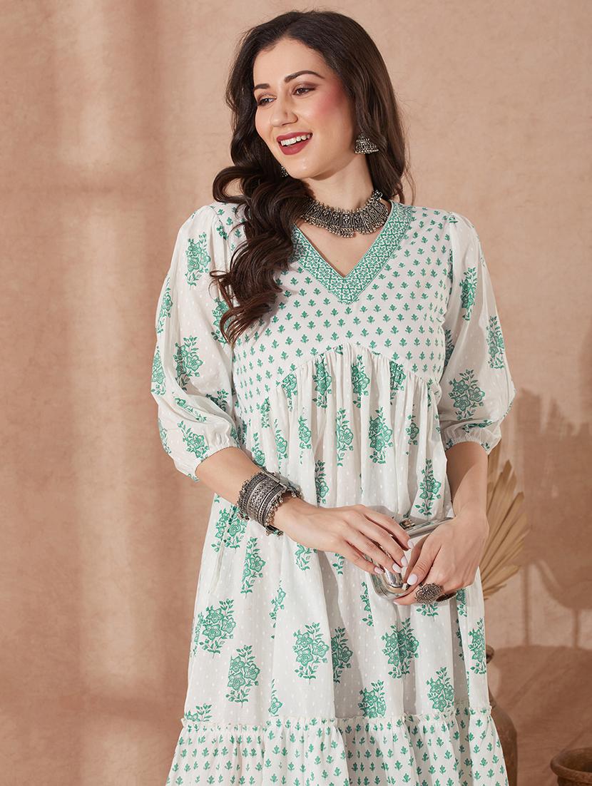 women green puff sleeve tiered ethnic dress - 21943266 - Standard Image - 4