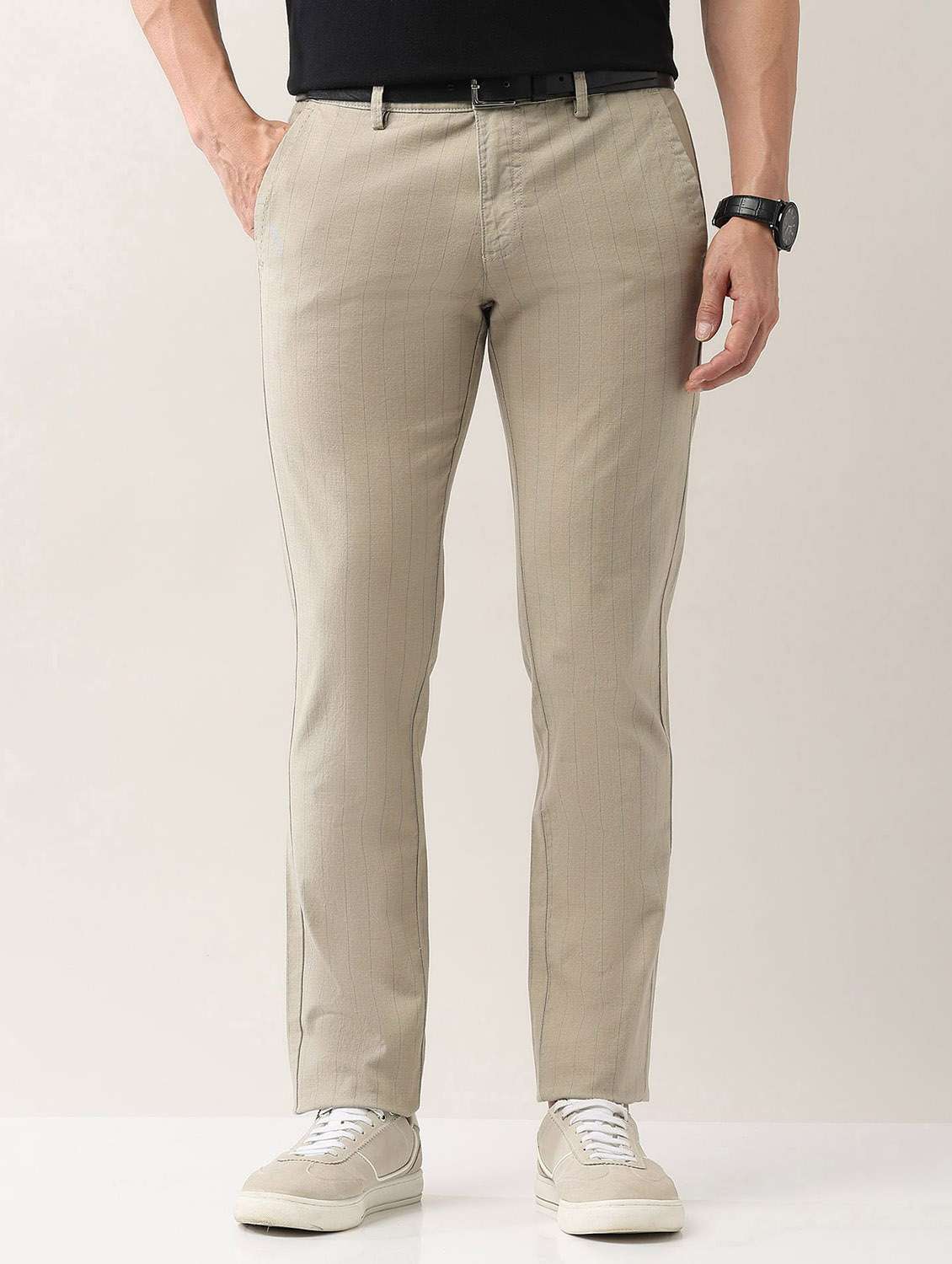 men striped md rise flat front casual chinos 
