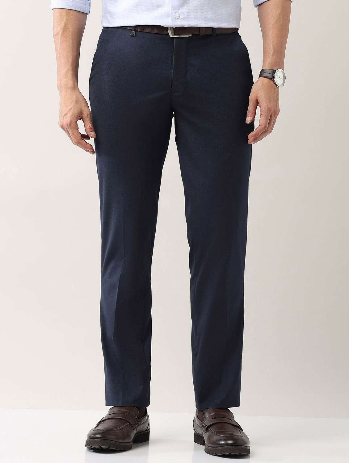 men solid mid rise flat front formal trouser
