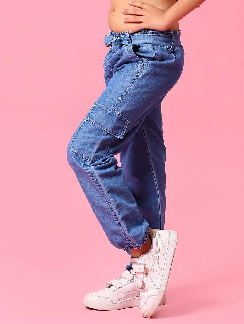 girls blue solid mid rise jogger cargo - 21943470 -  Standard Image - 1