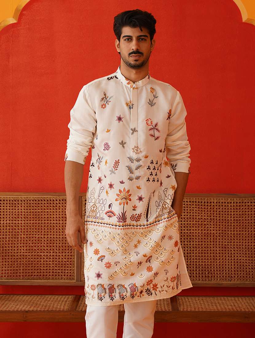 white silk blend long  kurta - 21943552 -  Standard Image - 1