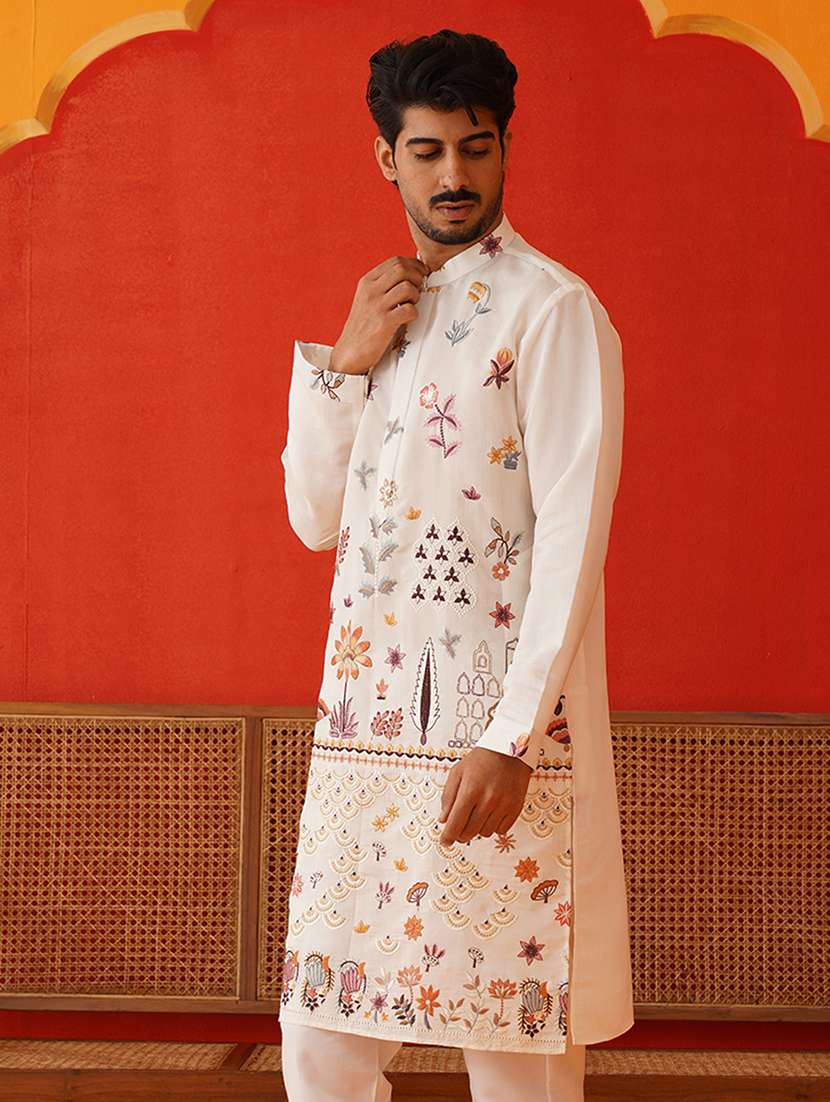 white silk blend long kurta - 21943552 - Standard Image - 4