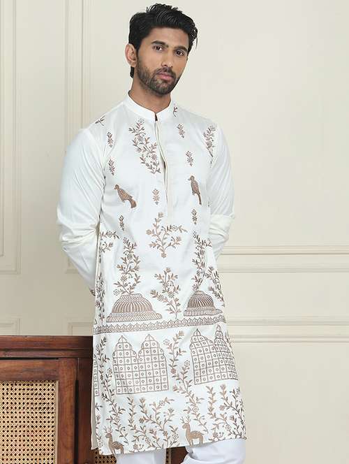 white silk blend long  kurta - 21943553 -  Standard Image - 0
