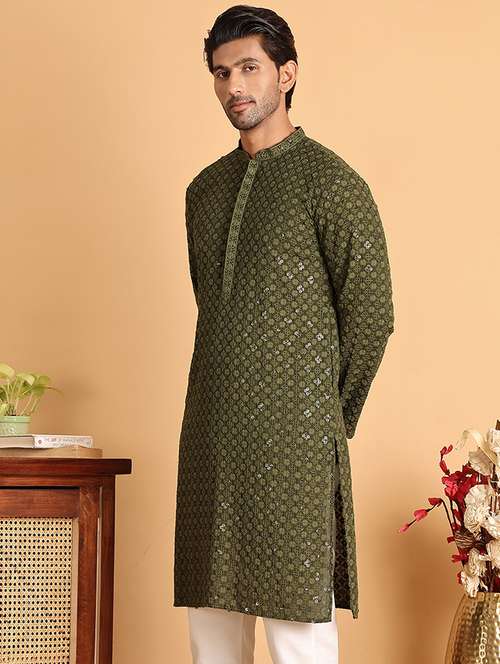 olive viscose long kurta - 21943556 - Standard Image - 0