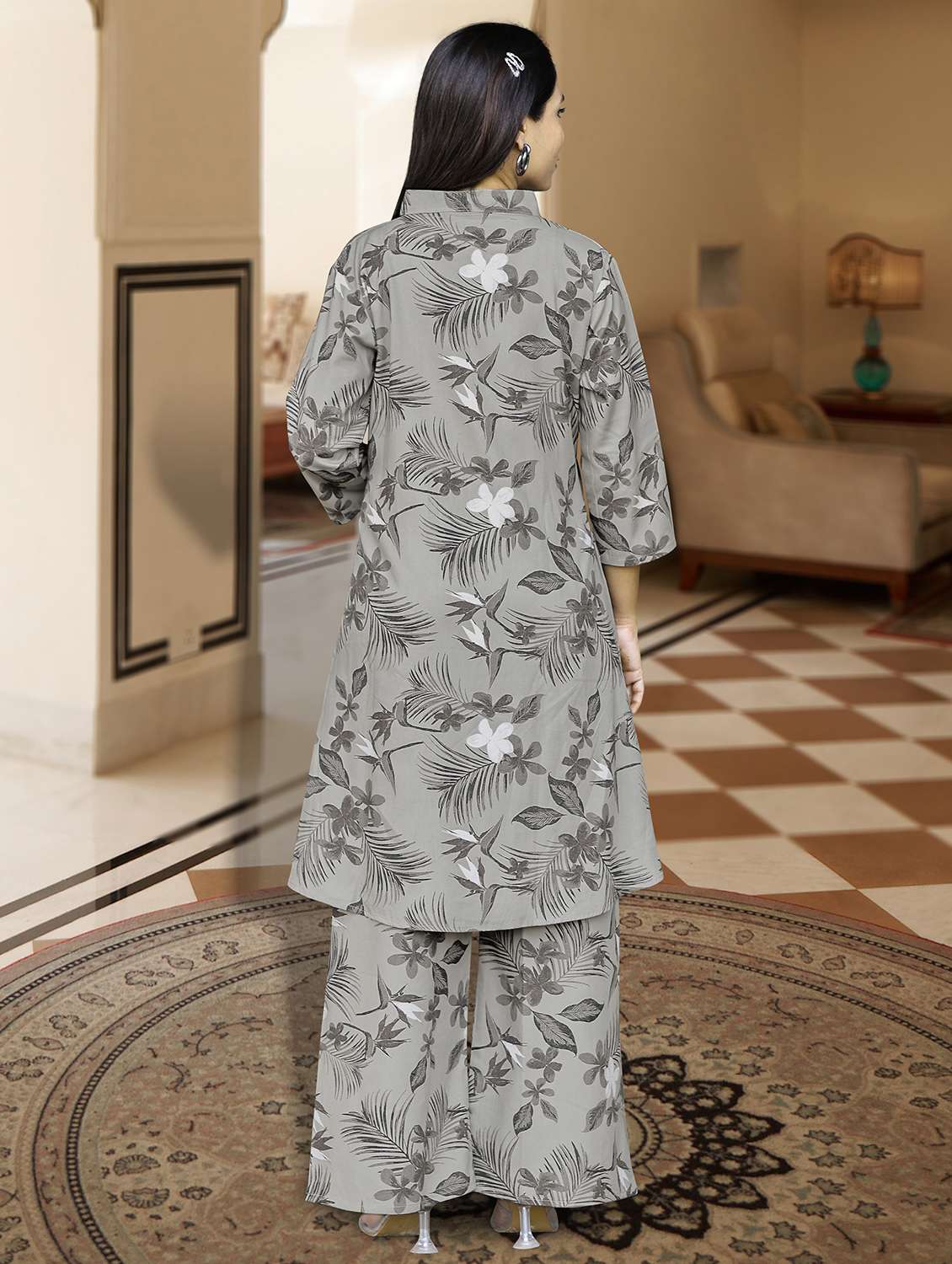 women three quarter sleeve kurta palazzo set - 21943609 - Standard Image - 1