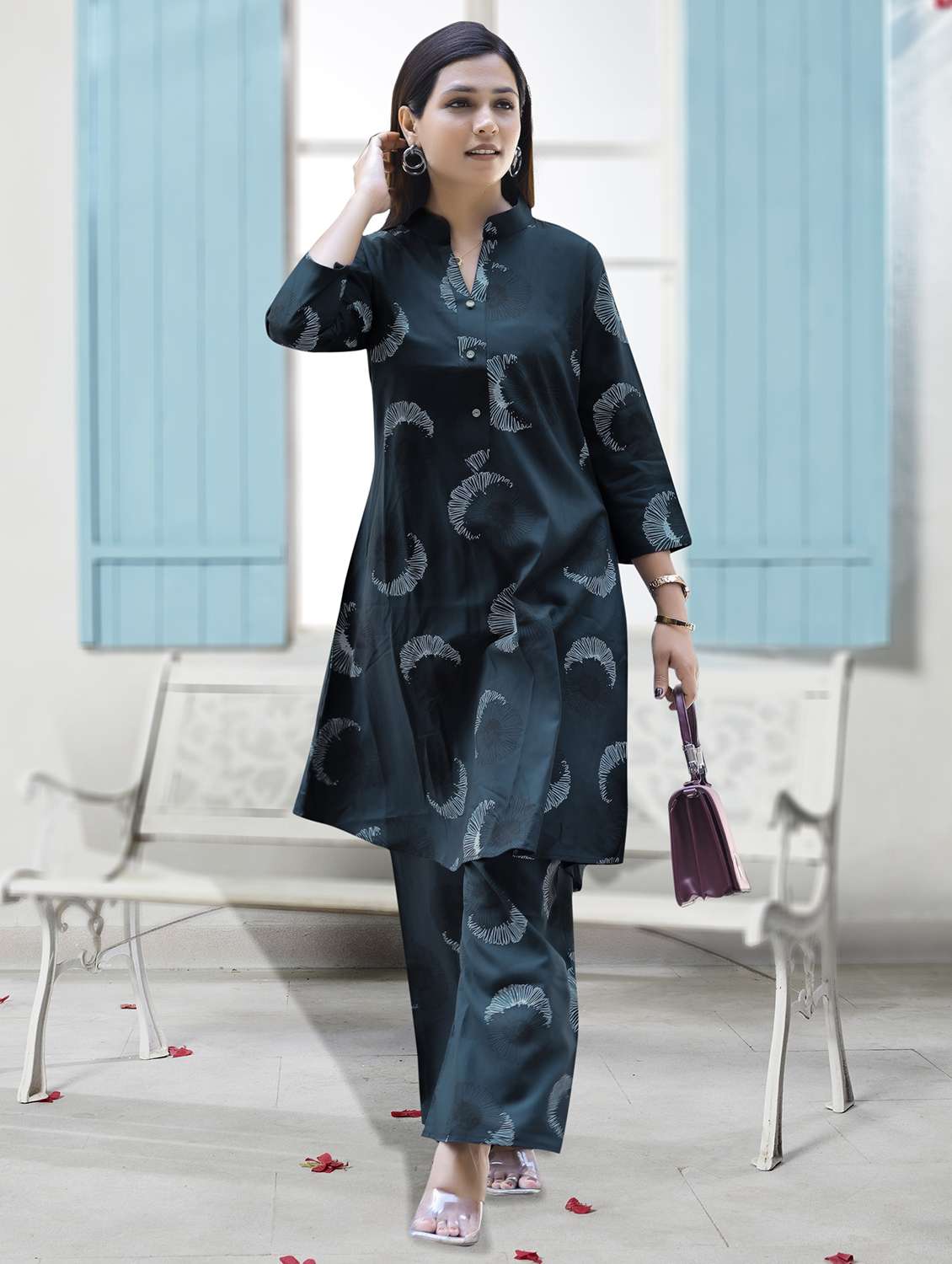 women three quarter sleeve kurta palazzo set