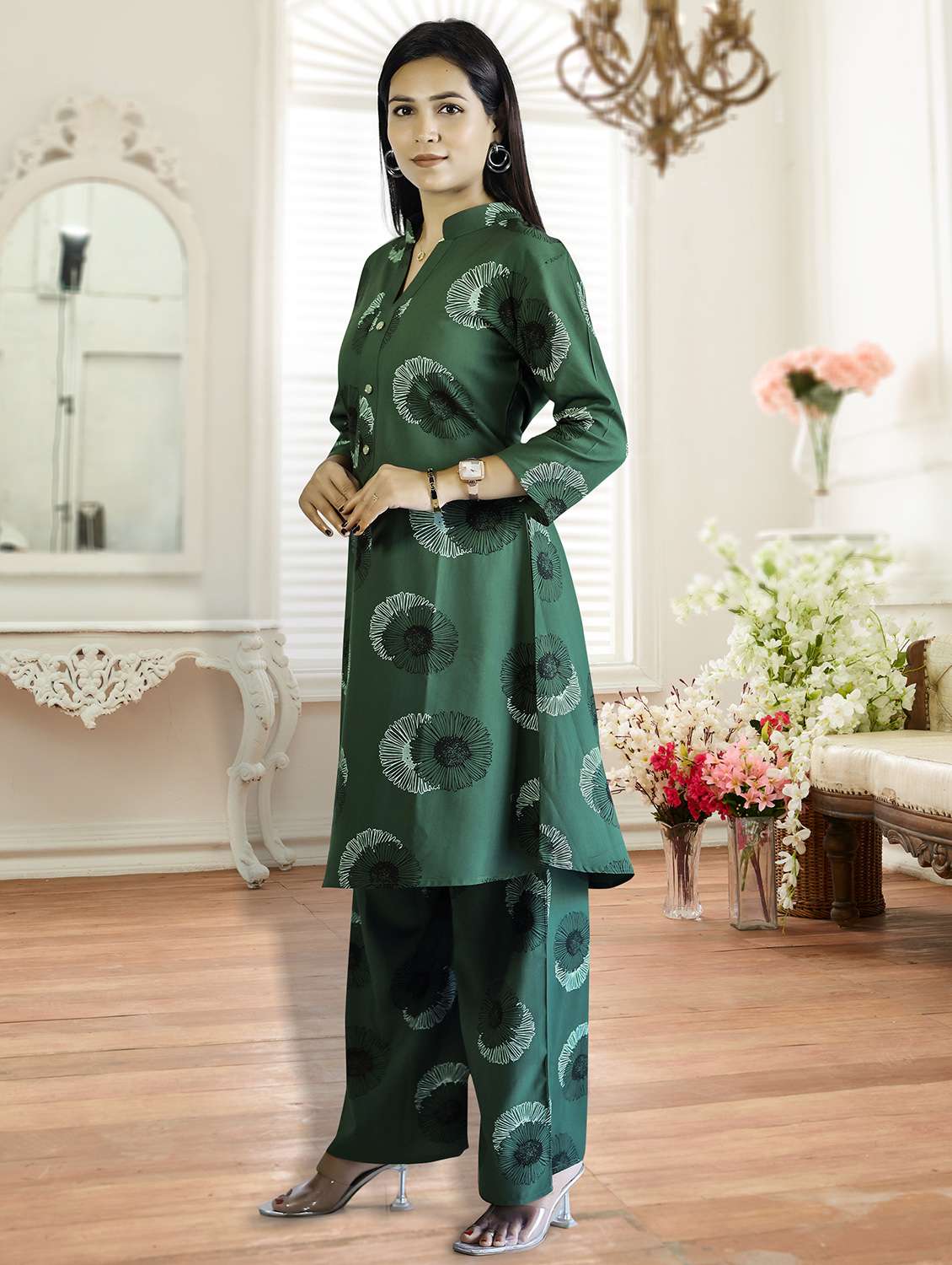 women three quarter sleeve kurta palazzo set - 21943613 -  Standard Image - 1