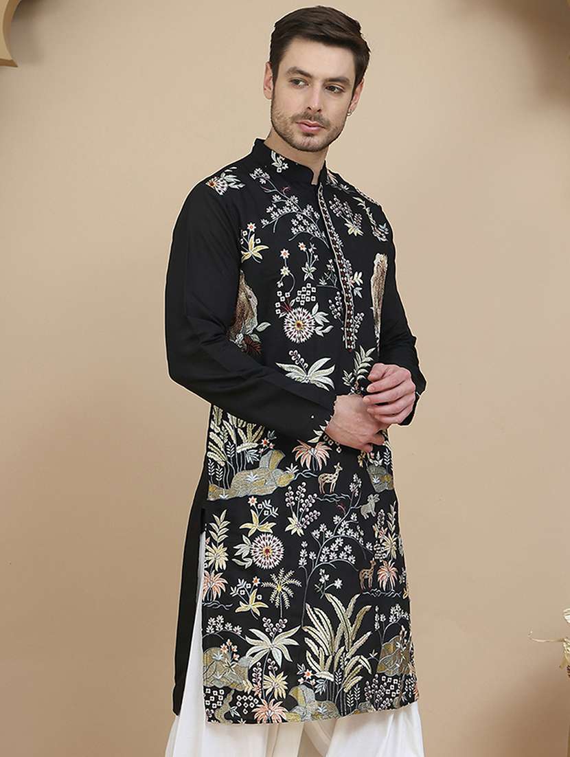 men embroidered mandarin neck long kurta - 21943616 -  Standard Image - 1