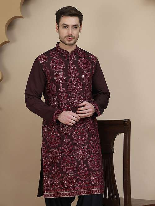 men embroidered mandarin neck long kurta - 21943618 -  Standard Image - 0