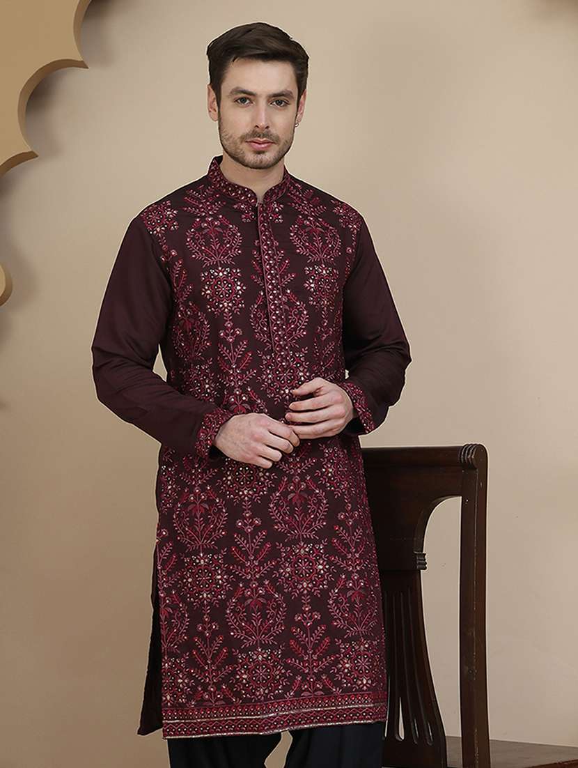 men embroidered mandarin neck long kurta