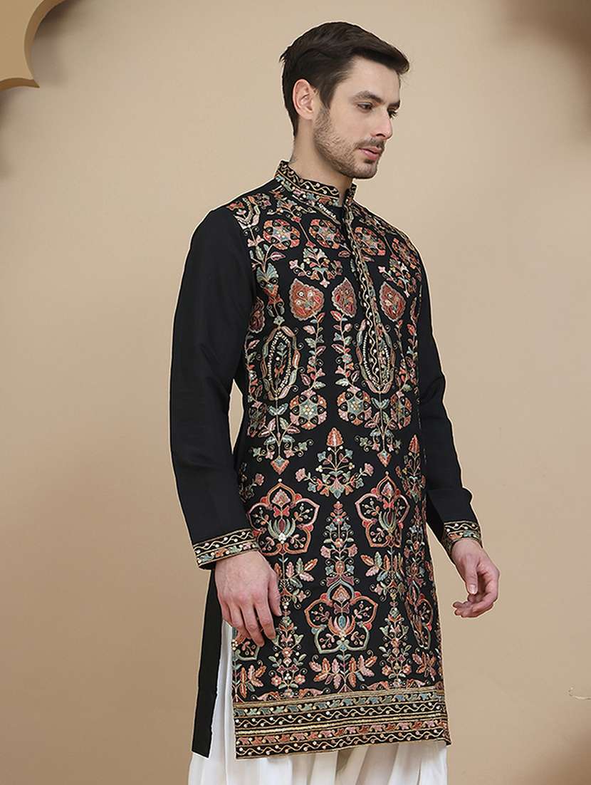 men embroidered mandarin neck long kurta - 21943620 -  Standard Image - 1