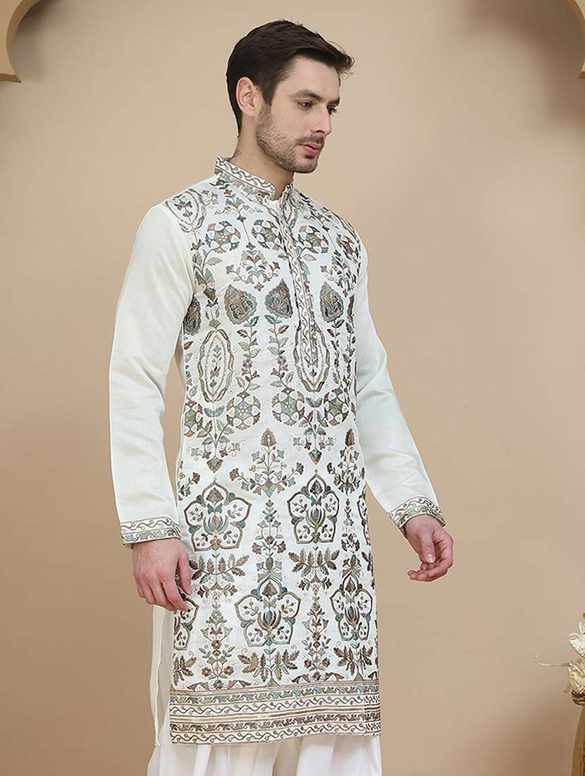 men embroidered mandarin neck long kurta - 21943621 -  Standard Image - 1