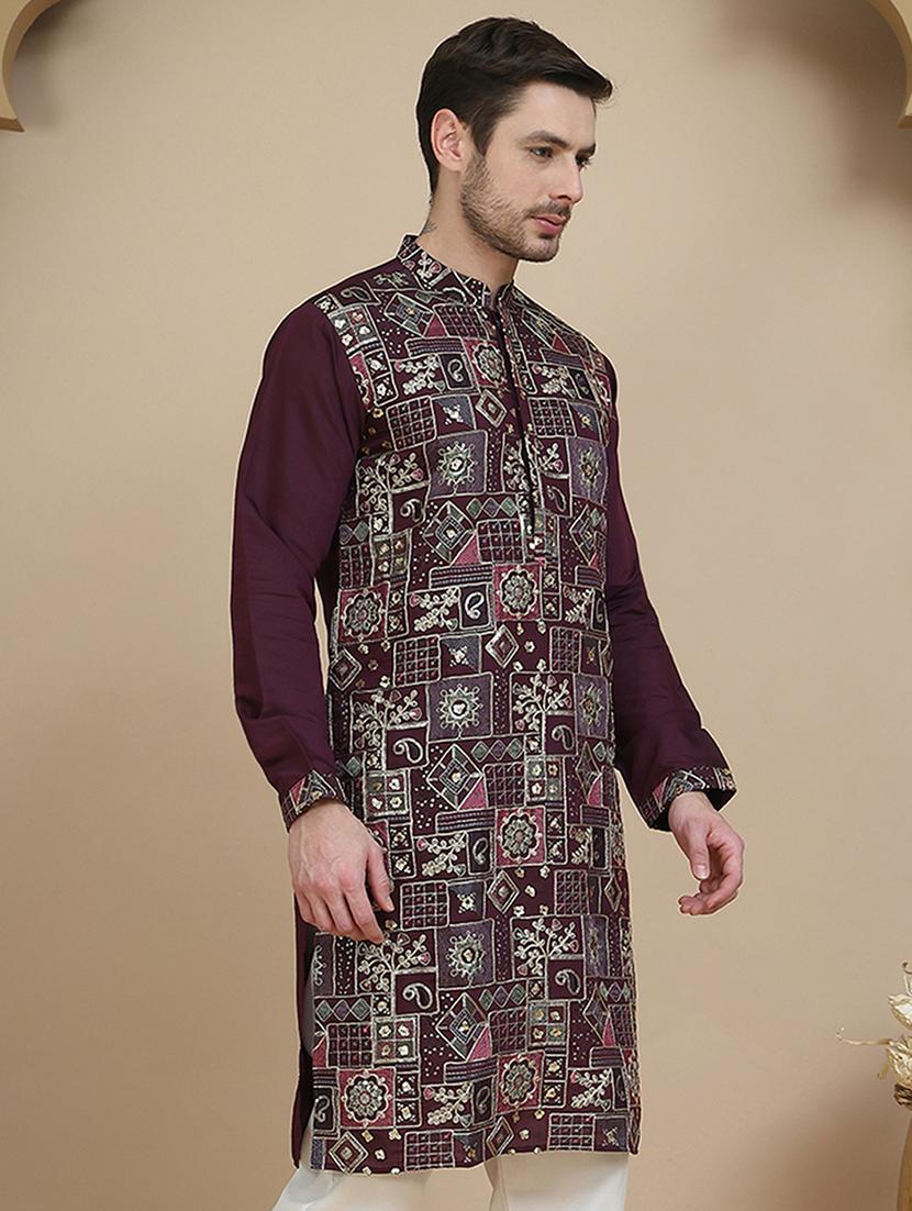 men embroidered mandarin neck long kurta - 21943623 -  Standard Image - 1