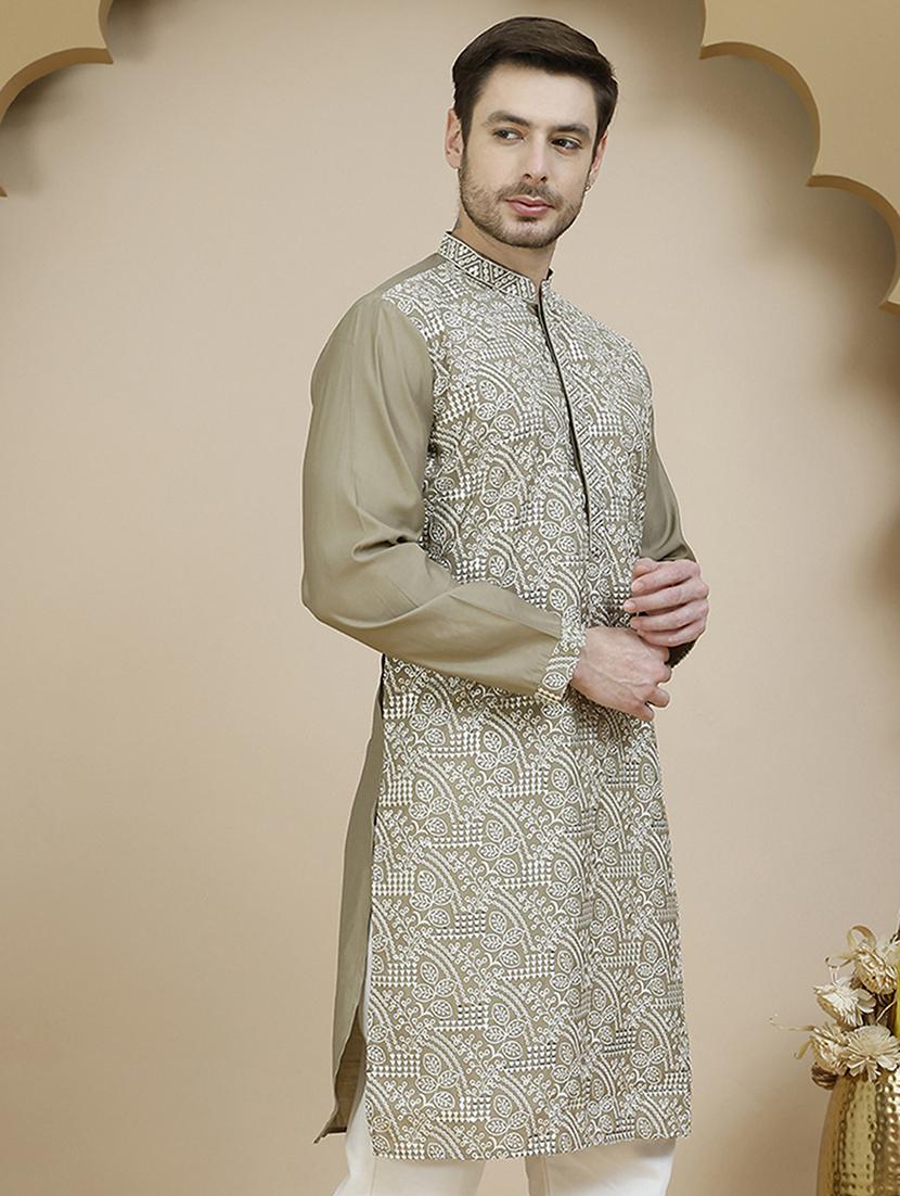 men embroidered mandarin neck long kurta - 21943624 -  Standard Image - 1