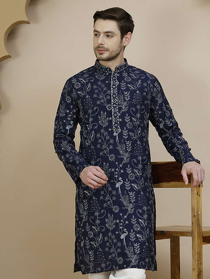 men embroidered mandarin neck long kurta